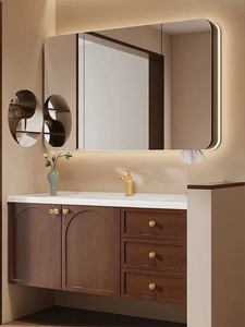 Gabinete de baño con espejo inteligente multifuncional retro de estilo campestre americano de madera maciza de alta gama - Product Image 4