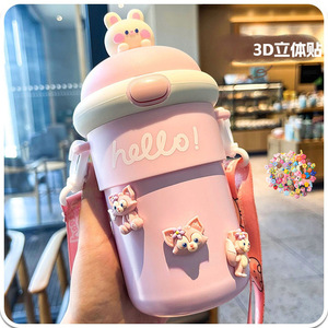 Wholesale Cute <b>Straw</b> Water <b>Bottle</b> Comes with 3D Cute Bear Stickers <b>Straw</b> Cup Large Capacity Cartoon Strap Water Cup - Product Image 5