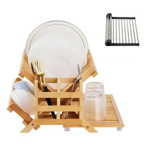 Бамбуковая сушилка для посуды, 3-уровневая Большая складная деревянная сушилка для посуды с держателем посуды