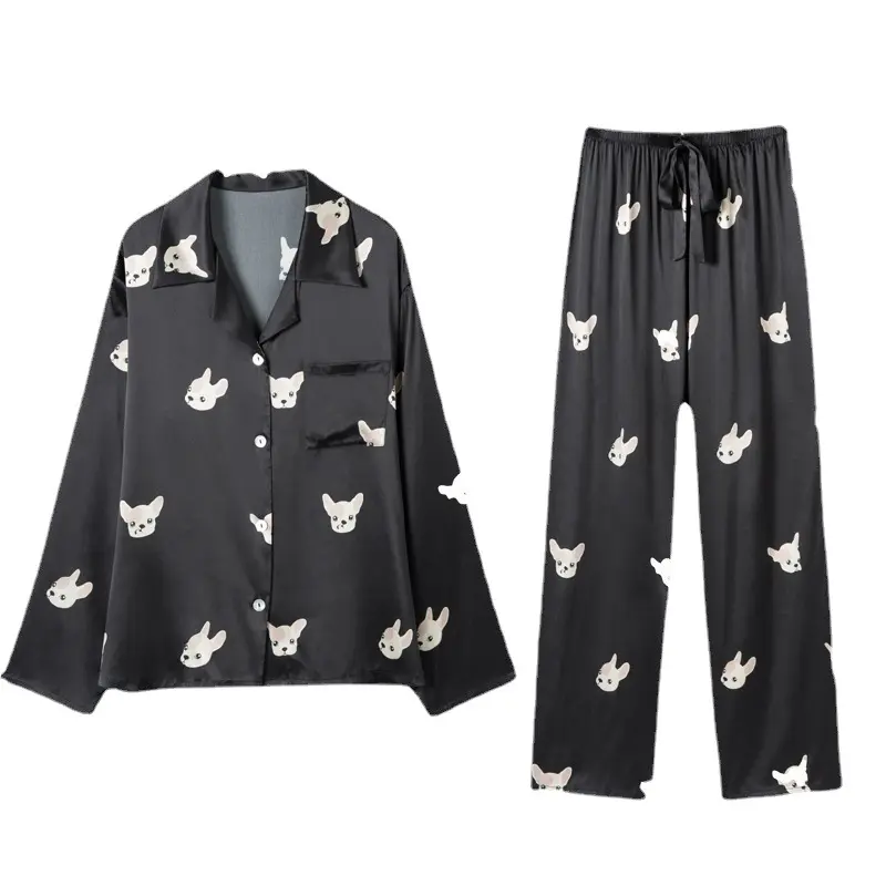 Zijden Pyjama Dames Pak Lange Mouwen Luxe Nachtkleding Huiskleding Broek Lente-En Herfstprint Zwart Nachthemd