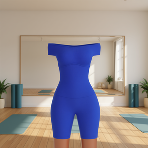 Combinaison de sport Vetega bleue côtelée pour femme, body de yoga sans manches à épaules dénudées avec taille naturelle, design court confortable - Product Image 2