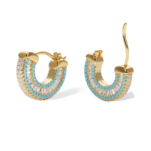 Promotion Luxury Women Jewelry blue turquoises stone cubic zircon CZ trendy classic Circle Geometric hoop earring