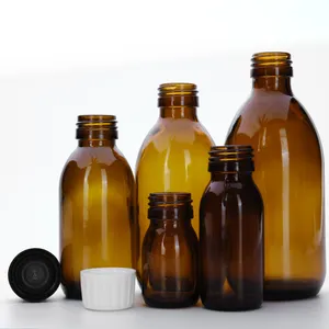高品质60毫升2盎司空圆形琥珀色玻璃瓶，带Ropp瓶盖，用于咖啡糖浆果汁蜂蜜