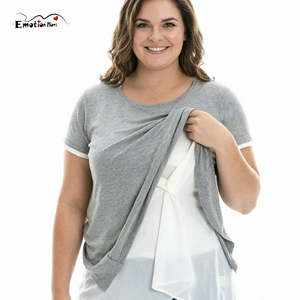 Maglietta Premaman e <span class=keywords><strong>Allattamento</strong></span> a Strati Grigia Taglie Forti, Girocollo a Maniche Corte, Top Pull-Over per Donne <span class=keywords><strong>in</strong></span> <span class=keywords><strong>Gravidanza</strong></span> e <span class=keywords><strong>Allattamento</strong></span> - Product Image 1