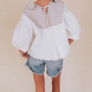 Blusas y Tops Franceses Nuevos al por Mayor para Mujer, con Mangas Abullonadas, Estilo Moderno, Tops de Manga Corta para Mujer - Product Image 5