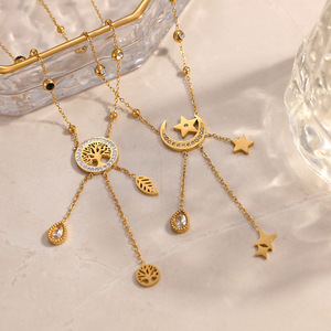 Collar con colgante de moda, chapado en oro de 18k, árbol de la vida, luna y estrellas, para uso diario. - Product Image 4