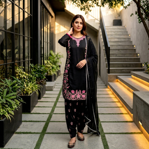 Ensemble prêt-à-porter en soie romaine avec broderie de créateur et bordure en dentelle, comprenant haut, bas et dupatta, entièrement cousu. - Product Image 1