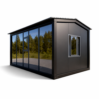 Maison conteneur préfabriquée moderne en verre noir, structure modulaire en acier détachable, atelier, usage scolaire, portable en extérieur