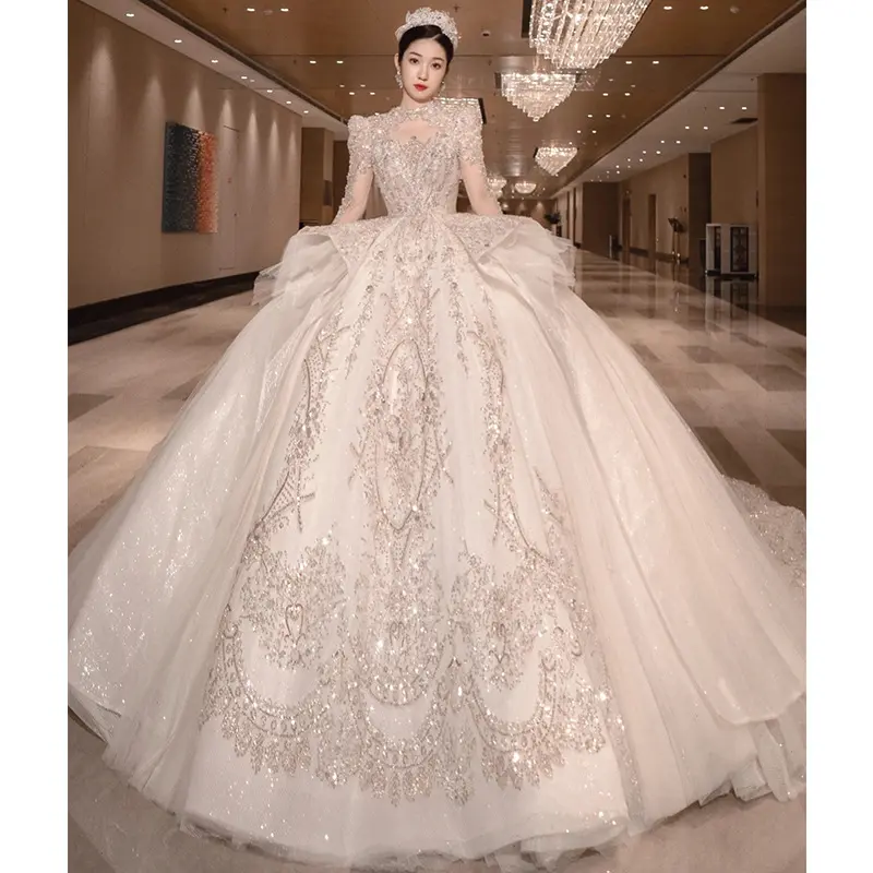 2022 Vintage Luxe Echte Video Ivoor Kant Applicaties Lovertjes Kralen Nieuwe Bridal Jurken Hoge Hals Lange Mouw Plus Size Bal gown