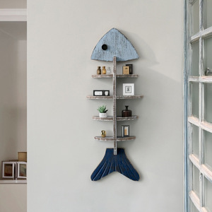 Nuevo Estante de Pared de Madera Tallada Rústica de Cuatro Niveles con Diseño de Espina de Pescado, Estante Flotante para Almacenamiento en Sala de Estar, Cafetería y Decoración del Hogar - Product Image 1
