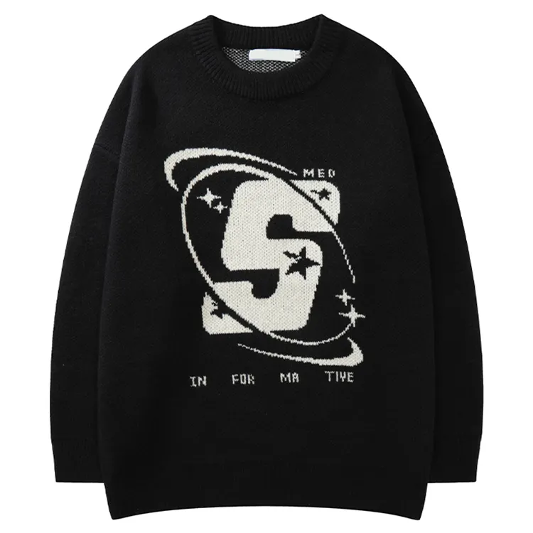 Custom Make OEM ODM Men Sweaters Jacquard Cartoon Pullover Knitwear Fashion Style Long Knit Sweater Crew Neck Cotton Black