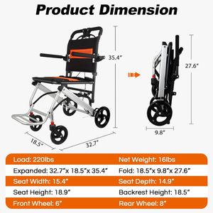 Silla de ruedas plegable ultraligera, silla de ruedas de viaje para adultos, 220 LB con pedal plegable y brazo plegable, freno de mano - Product Image 2
