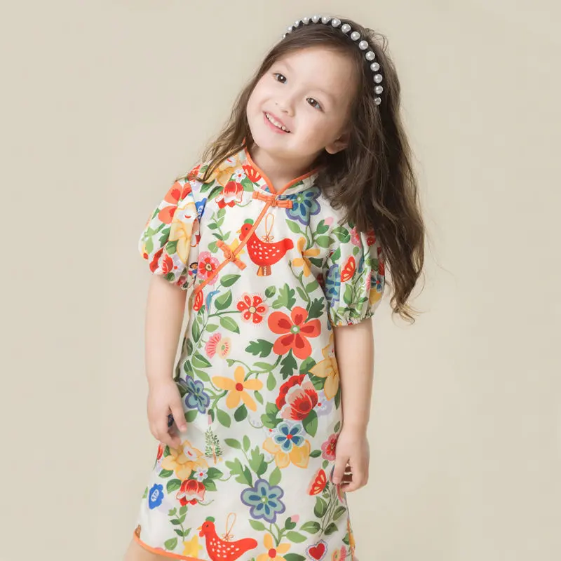 いいえmoq伝統的な中国風の子供服シンプルなフロックデザインの女の子のカジュアルな花柄のドレス10歳の女の子