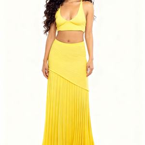 Women's New Arrival V-Neck Spaghetti Strap <b>Top</b> & Pleated Long <b>Patchwork</b> Skirt Knit Casual 2-Piece Set Fashion - Product Image 4