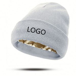 Custom Satin Lined Wool Acrylic <b>Hat</b> <b>for</b> Women Men Fall Winter Warm Knit Cuff Fisherman Cap Slouchy Beanie Promotion Gift - Product Image 1