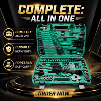 Kit d'outils de réparation automobile robuste de 121 pièces avec mallette en plastique, cliquet à tête flexible, douilles profondes et courtes, clé pour bougies et filtres à huile