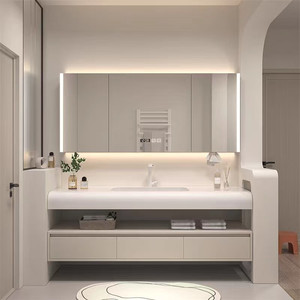 Skin-feel integrated basin arc washbasin bathroom cabinet painted light luxury cream style - Product Image 3