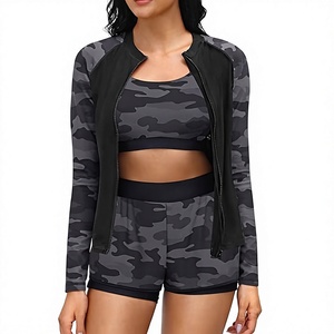 Women's 3 Piece Camo Activewear <b>Set</b> Crop Top Shorts Spandex Polyester Stretch Zippers Round Neck Sports Bra SwimWear - Product Image 1