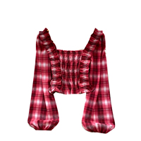 Chemises à carreaux pour femmes, manches longues bouffantes, col carré, bordure à volants, chemises courtes smockées pour le printemps