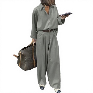 Ensemble décontracté 2 pièces pour femme : chemise en coton Oxford unie à coupe ample et pantalon large, col rabattu, manches longues, respirant - Product Image 3
