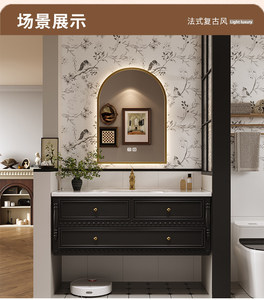 . Meuble de salle de bain noir de luxe léger, miroir ovale sculpté à motifs floraux, plan de toilette en pierre, lavabo, lavabo étanche - Product Image 2