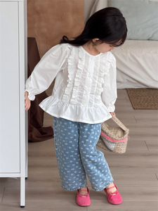Camicetta dolce in cotone a maniche lunghe con pizzo in stile coreano per bambine, abbigliamento casual primaverile per tutti i giorni - Product Image 6