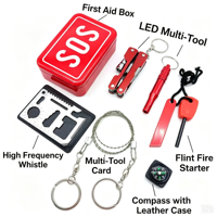 Kit de survie d'urgence SOS 6-en-1 portable pour l'extérieur – Ensemble d'outils de survie multi-pinces, allume-feu, sifflet, boussole – OEM