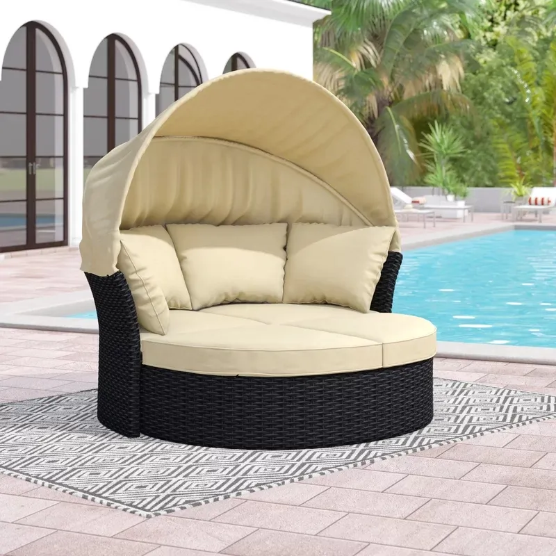 Lounger Outdoor Wicker Patio Daybed With Cushions Swimming Pool Furniture Round Shape Sun Loungers Chair Seat Beach Modern