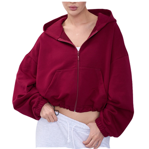 Women's Oversized Hooded <b>Zip</b>-<b>Up</b> <b>Cropped</b> Sweatshirt Solid Color Fleece Drop-Shoulder Full Sleeve Autumn Wear - Product Image 6