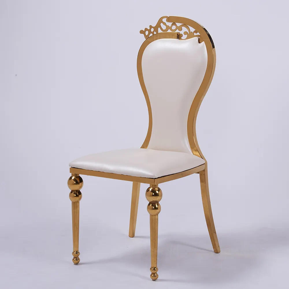 เก้าอี้จัดงานแต่งงานโลหะสีทองหรูหราทันสมัยเก้าอี้จัดเลี้ยงงานแต่งงานสีขาวโรงแรม