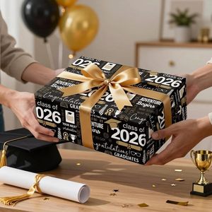 Rollo de Papel de Regalo para Graduación, 17 Pulgadas x 16.5 Pies, Negro y Dorado, Clase de 2026, con Gorros, Ecológico, para Manualidades - Product Image 2