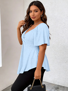 Chemisier décontracté pour femme grande taille, col en V, manches courtes nouées, ourlet volanté, en fibre de lait, motif 3D, printemps-été-automne, effet amincissant - Product Image 1