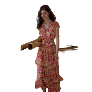 Robe longue à manches bouffantes en tissu tissé pour <span class=keywords><strong>femme</strong></span>, col carré, manches courtes, fluide et douce, avec ceinture, idéale pour l'été et les tenues décontractées ou de soirée. - Product Image 1