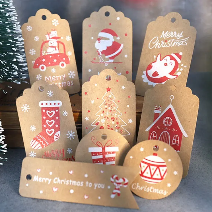 Kahverengi Kraft kağıt noel hediyesi etiketleri kar tanesi noel baba tasarımları Kraft kağıt etiketleri noel tatili için