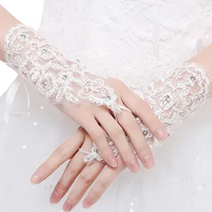 白色象牙红色短婚纱手套手腕长度无指蕾丝用具亮片新娘手套