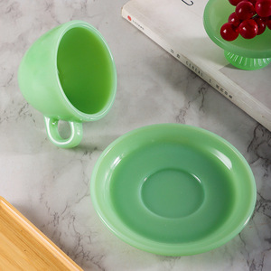 Jade Porcelain Coffee <b>Cup</b> And Saucer <b>Set</b> Round Solid Color For Afternoon Tea Home Use - Product Image 2