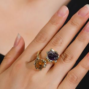 Bague artisanale irrégulière en or double pierre, avec fluorite, améthyste et citrine, ajustable, bijou de mode - Product Image 5