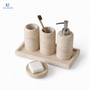 Ensemble d'accessoires de salle de bain en marbre travertin Luca |   Ensemble de 5 pièces en pierre polie : Distributeur de savon, Porte-brosses à dents, Plateau – Idéal pour la maison et l'hôtel, sur mesure - Product Image 2