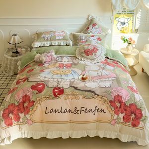 Cartoon Lolita stile digitale stampato in velluto latte copripiumino doppio federe Sabanas lenzuola ragazze bambini 4 pz Set biancheria da letto - Product Image 1