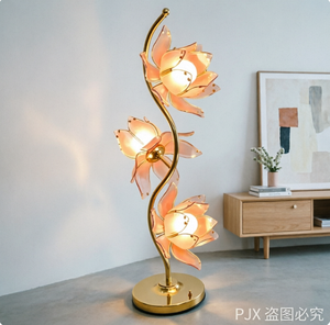 Lámpara de Escritorio Artística con 3 Cabezas de Flor de Loto, Pantalla de Vidrio Floral Rosa, Lámpara de Mesa Retro Dorada, Luz Romántica para Mesa de Noche, Regalo para Dormitorio - Product Image 5