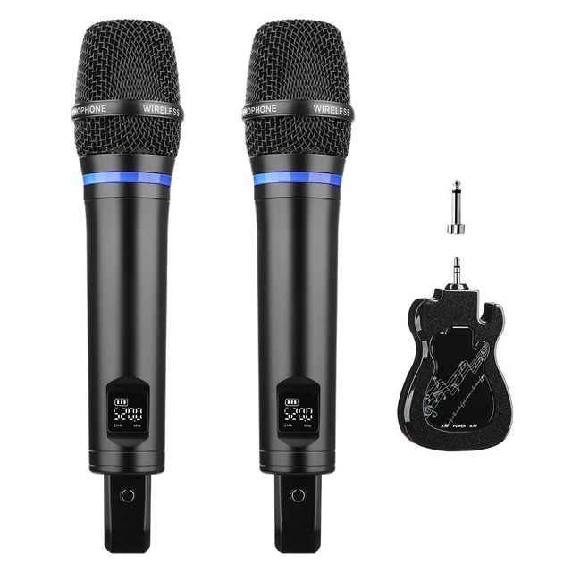 Professional Dual Rechargeable Wireless 2-Channel Cardioid Dynamic Microphone Set LED Lights UHF Handheld Metal Portable Karaoke