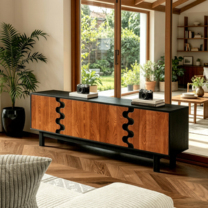 Modern Wave Cutout Wood TV <b>Stand</b>, 4-<b>Door</b> Media Console with Contrasting Finish for Living Room - Product Image 1