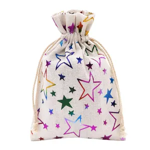 Personalized Custom Printed Star Muslin Calico Small Jute Burlap Dust Shoe String Drawstring Bag