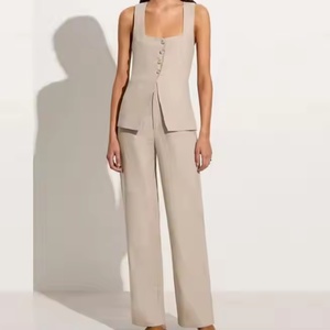 Trajes de Lino Personalizados OEM para Mujer, Pantalones Rectos de Negocios, Top Corto de Lino sin Mangas con Cuello Cuadrado, Conjuntos de Dos Piezas - Product Image 1