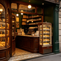 Aménagement de magasin de vente au détail axé sur le design pour café moderne avec vitrine de boulangerie et comptoir de bar à café pour livraison mondiale