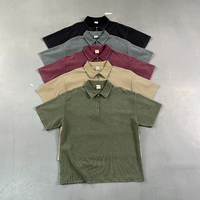 Polo en tricot gaufré teint à la cire 325G avec fermeture éclair, t-shirt vintage délavé et vieilli à manches courtes pour homme