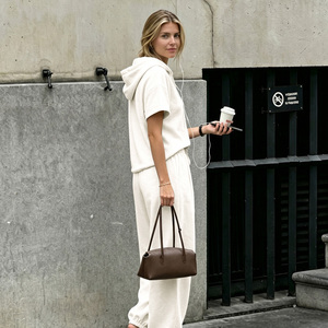 Women's White Knitted Hooded Short Sleeve Top With Drawstring <b>Pants</b> Set Casual Loose Fit Spring <b>Summer</b> 2 Piece Outfit - Product Image 3