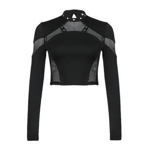 Top corto gótico de manga larga con retazos de malla para mujer, cuello tipo gargantilla, detalle de remaches, ajuste ceñido, ropa de club, ropa de calle - Product Image 6