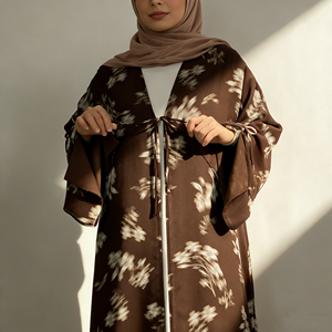 Floral Printed Chiffon Abaya Women Elegant Tie Sleeve Open Front Kimono Modest Dubai Muslim <b>Dress</b> <b>For</b> Wedding Daily Wear (6924) - Product Image 1