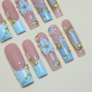 เล็บปลอมแบบกดติดคุณภาพสูง งานแฮนด์เมด สีฟ้าโทนฝรั่งเศส ลายแกะสลัก 3 มิติ สำหรับงานปาร์ตี้ งานเลี้ยง ทำเล็บ ขายส่ง - Product Image 3